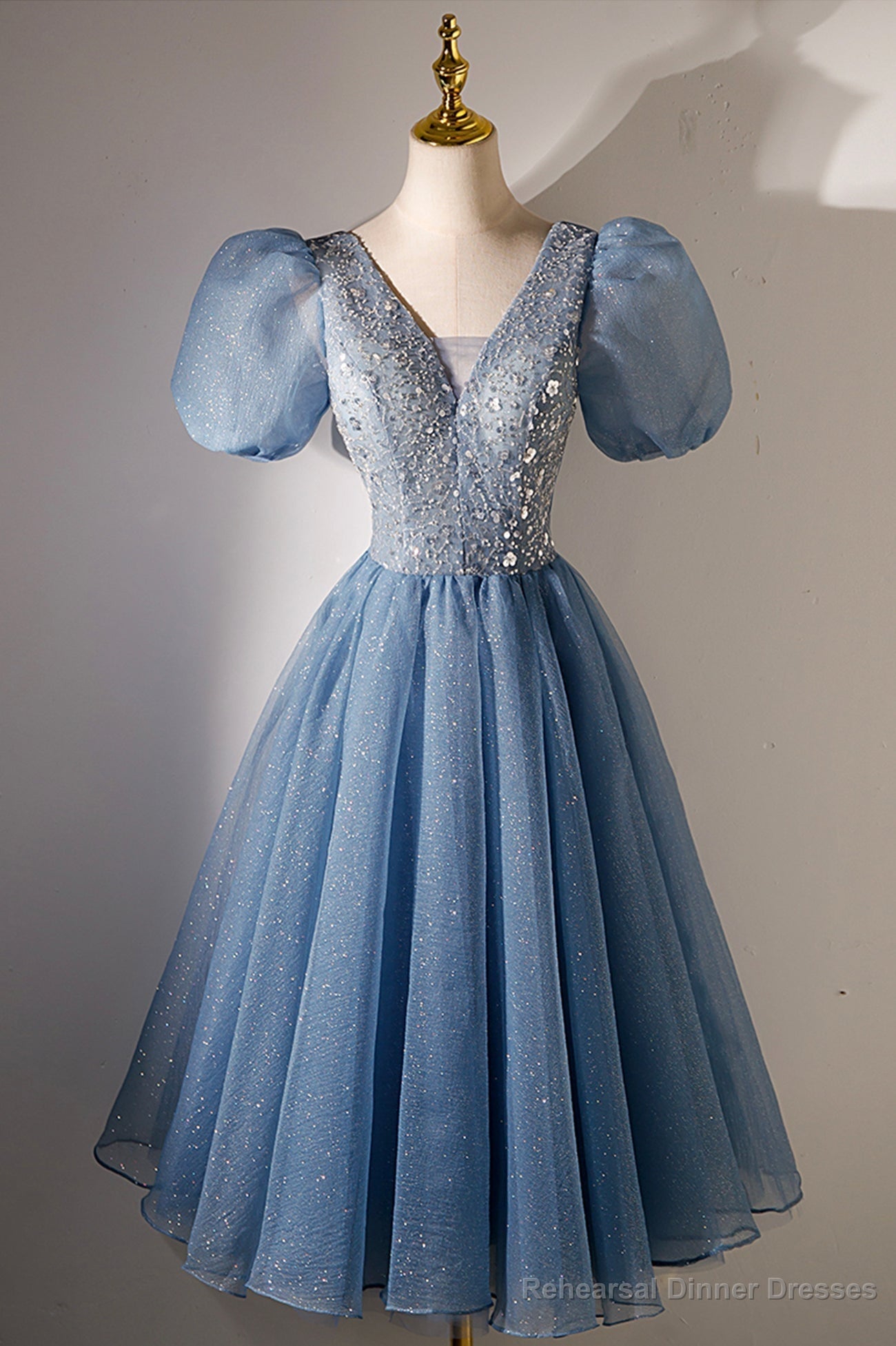 A-line V-neck Sequins Short Prom Dress, Blue Short Sleeve Evening Dress Secondary image