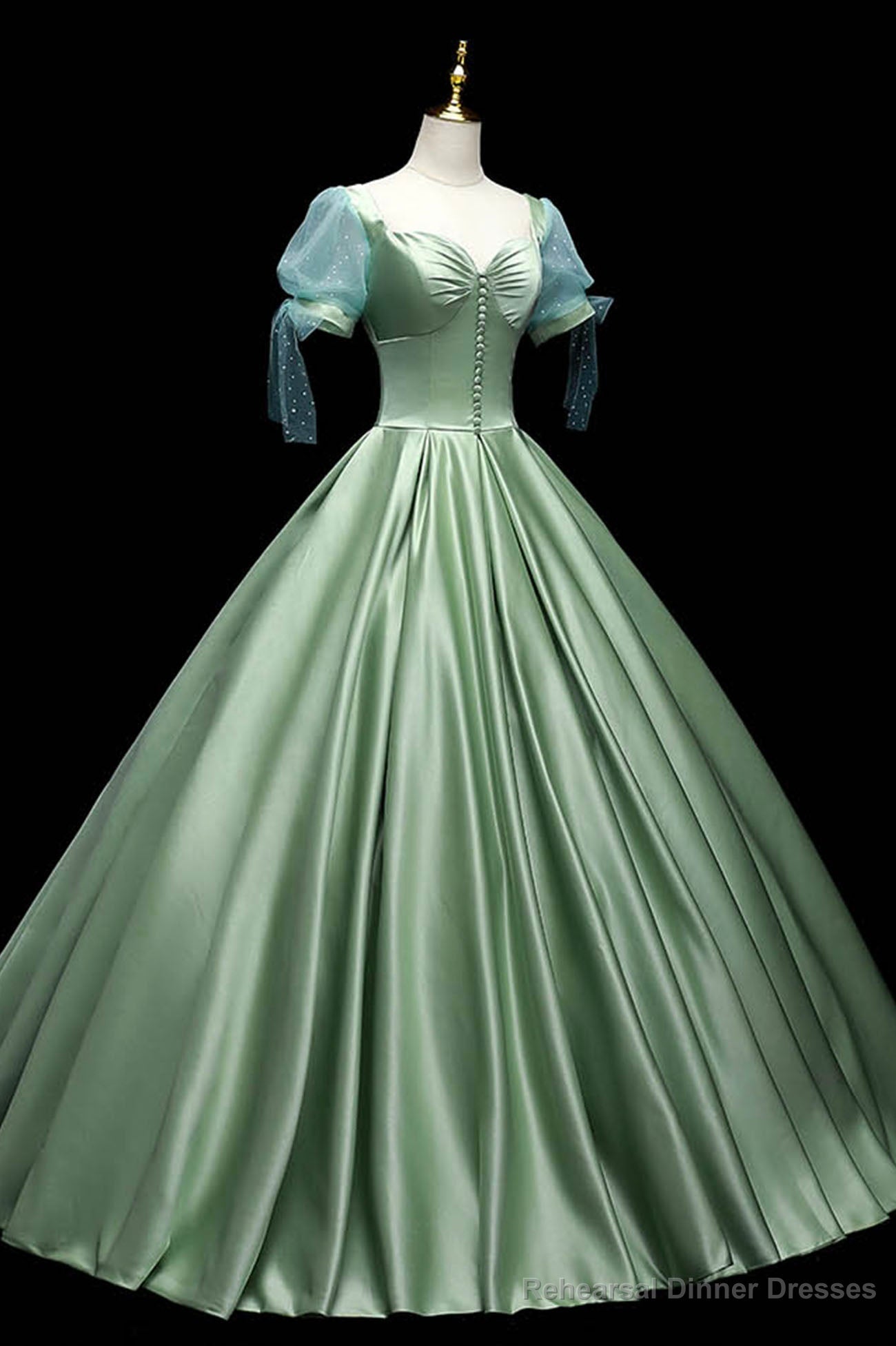 Green Satin Long A-Line Ball Gown, Green Short Sleeve Evening Gown Main image