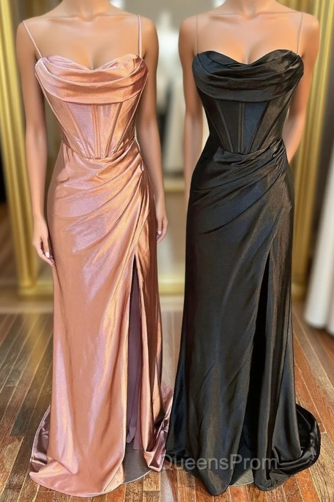 Simple Satin Long Mermaid Evening Prom Dress, Spaghetti Straps Party Dress with Slit Main image