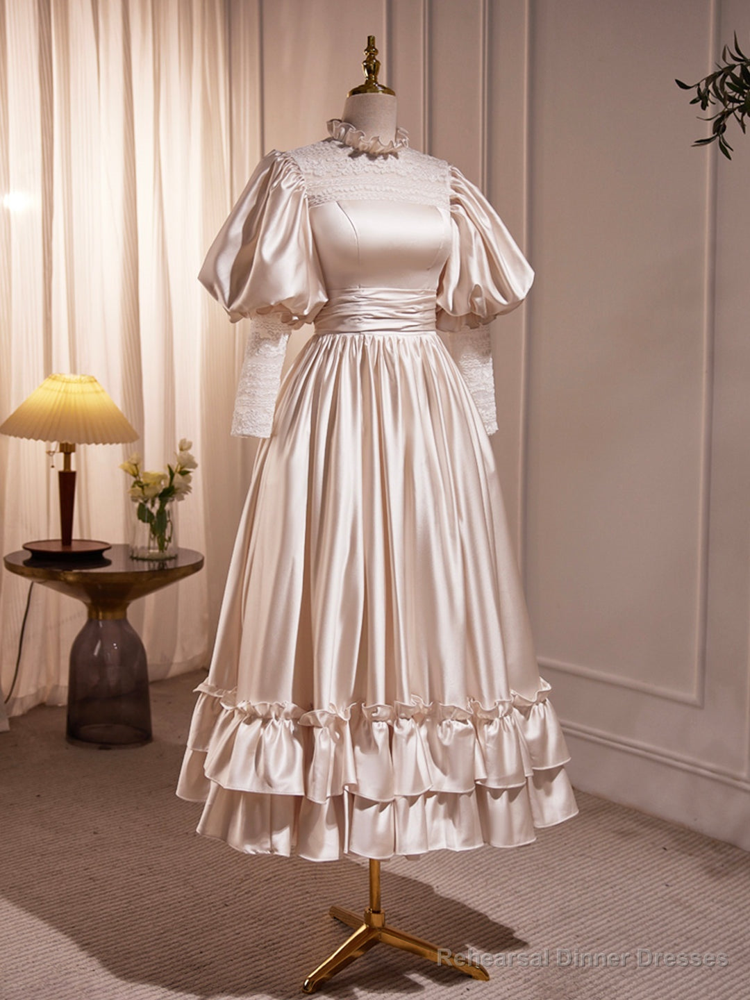 Champagne Satin Lace Long Sleeve Prom Dress, Champagne Evening Party Dress Main image