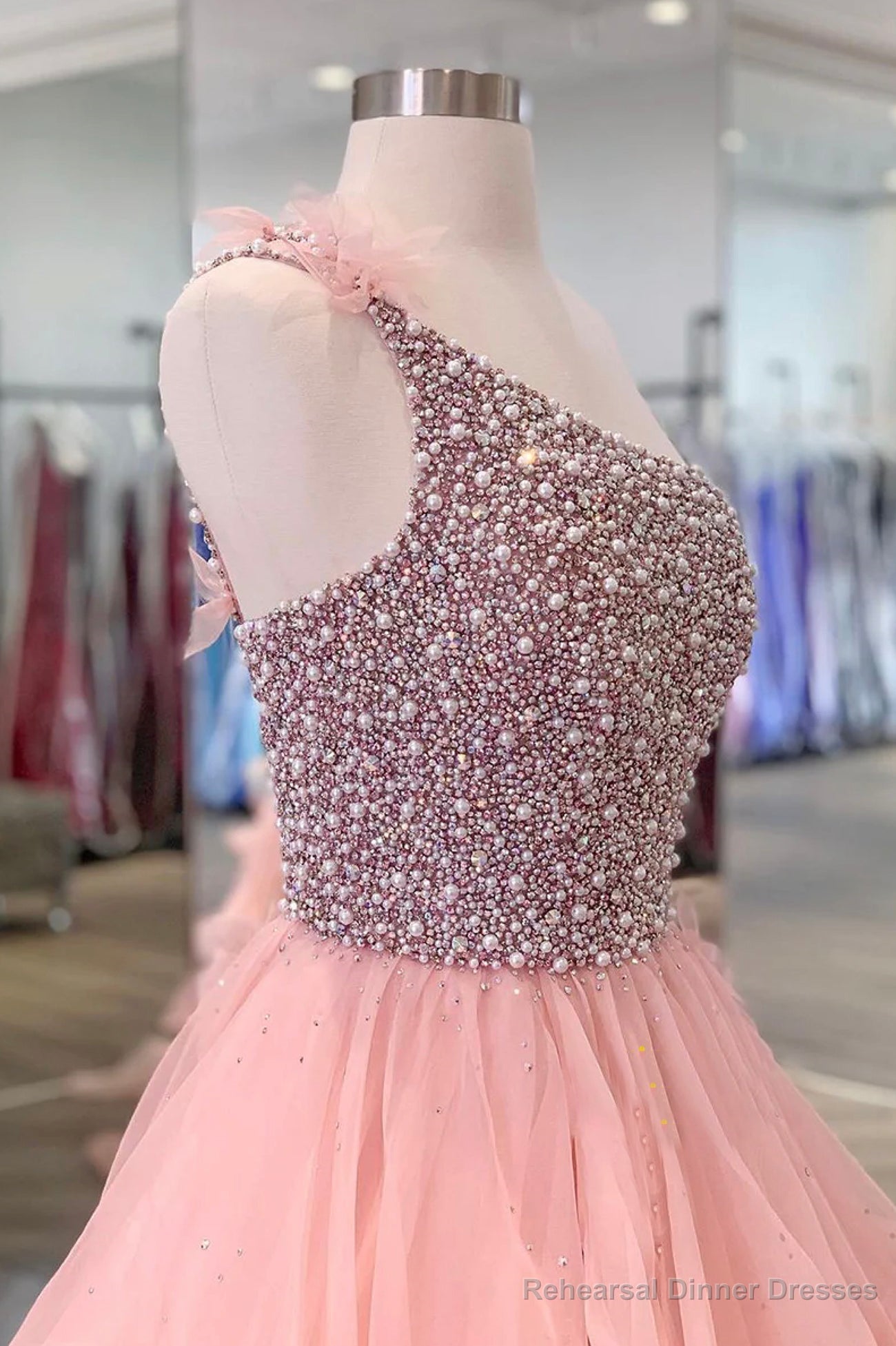 Pink Organza Beaded Long Formal Dress, A-Line One Shoulder Evening Dress