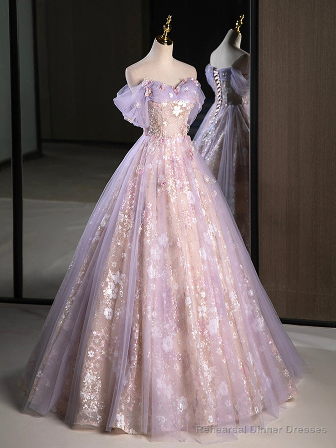 Purple A-Line Off the Shoulder Sequins Prom Dress, Lovely Tulle Corset Floor Length Evening Dress Secondary image