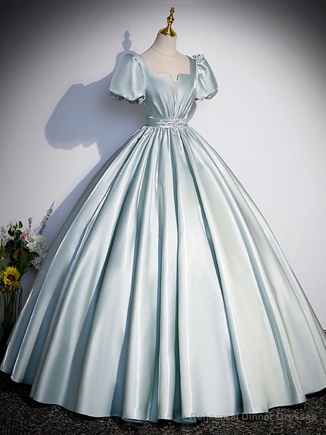 Beautiful Satin Floor Length Prom Dress, A-Line Short Sleeve Evening Party Dress Secondary image