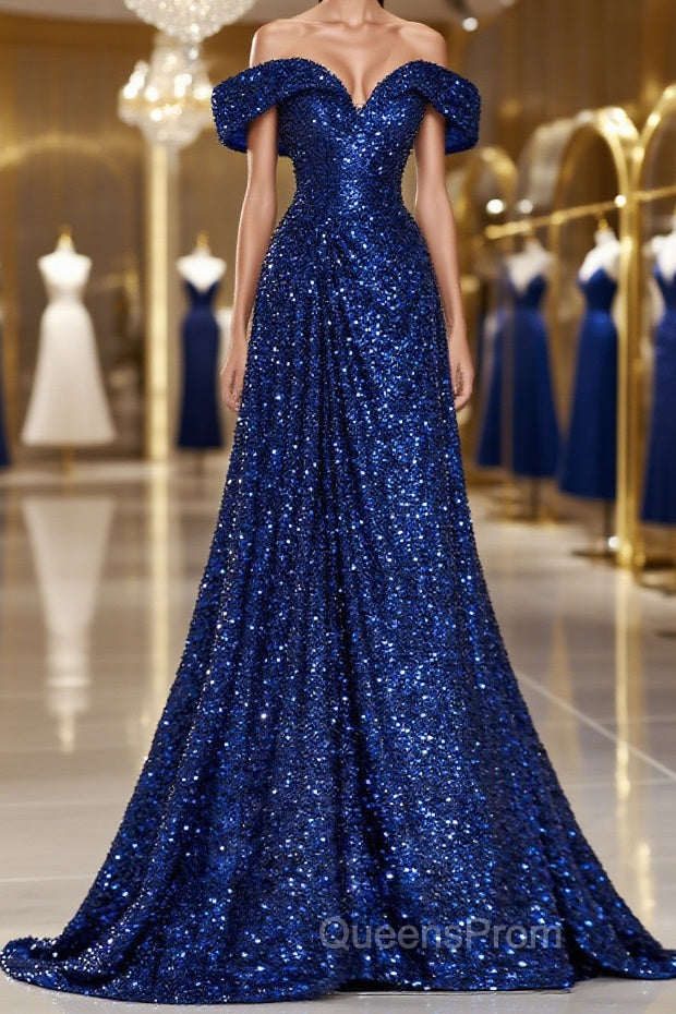 A-Line Evening Gown Elegant Dress Formal Wedding Guest Sweep / Brush Train Sleeveless Off Shoulder Sequined with Glitter Sequin Masquerade Dress