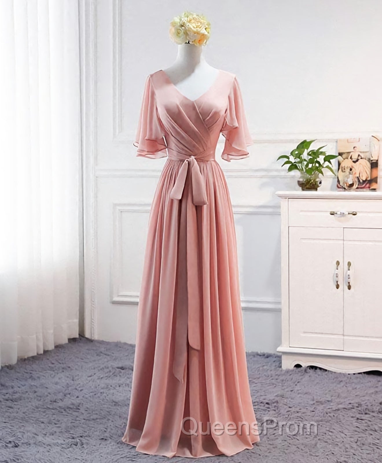 Simple V Neck Chiffon Long Evening Prom Dress, Bridesmaid Dress Secondary image