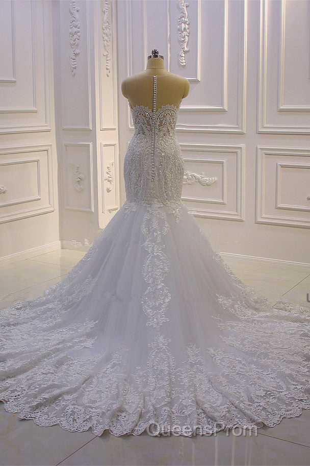 Luxurious 3D Lace Applique High Neck Tulle Mermaid Wedding Dress