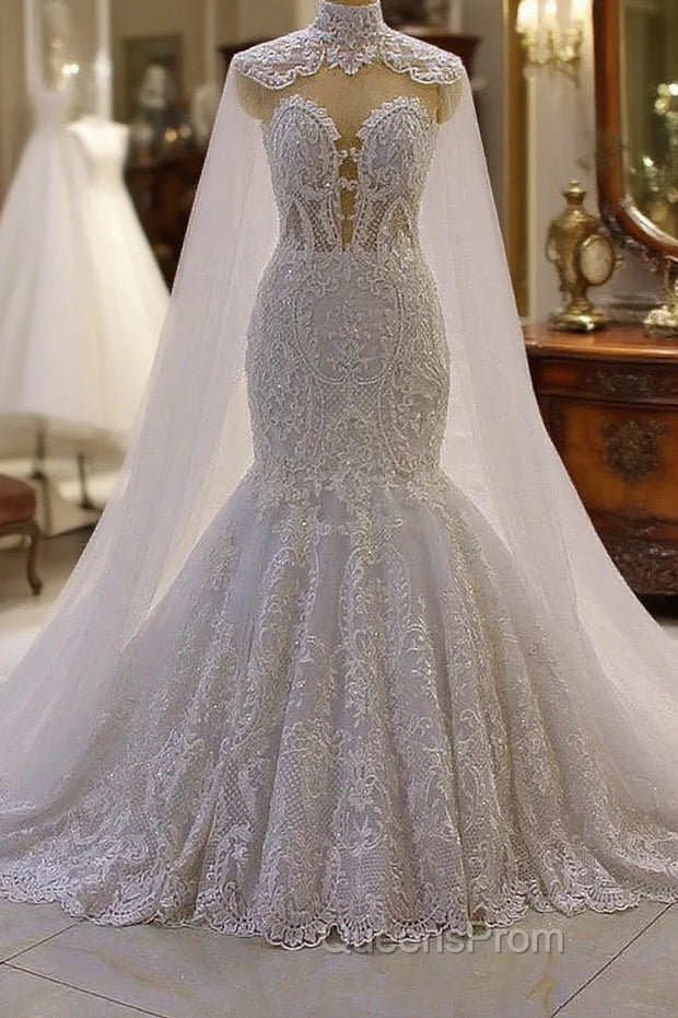 Luxurious 3D Lace Applique High Neck Tulle Mermaid Wedding Dress Main image