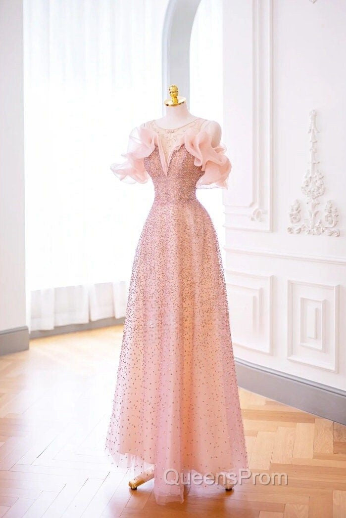 Luxurious A Line Off The Shoulder Pink Tulle Long Evening Prom Dress