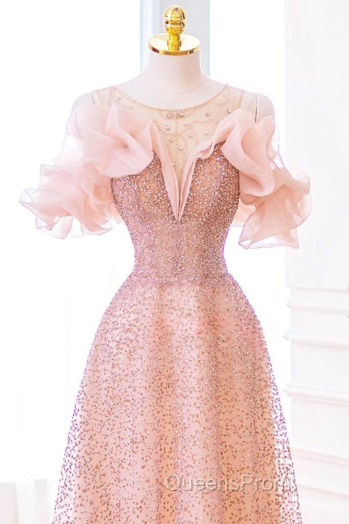 Luxurious A Line Off The Shoulder Pink Tulle Long Evening Prom Dress