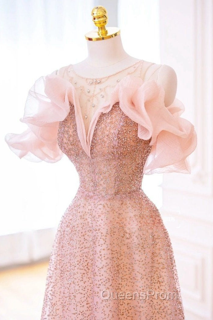 Luxurious A Line Off The Shoulder Pink Tulle Long Evening Prom Dress