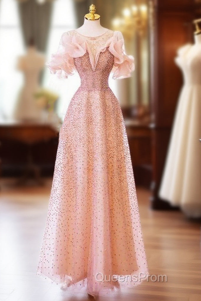 Luxurious A Line Off The Shoulder Pink Tulle Long Evening Prom Dress Main image