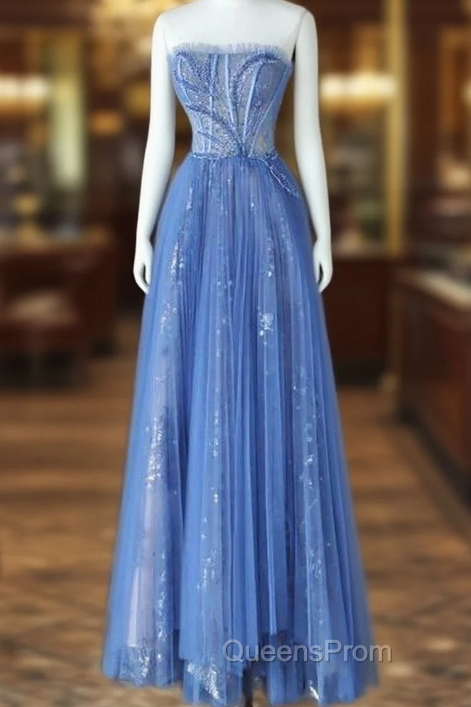 Luxurious A Line Strapless Blue Long Evening Prom Dress Main image