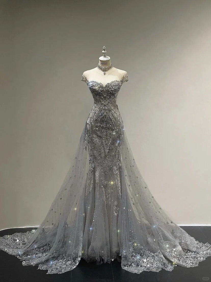Luxurious And Sparkling Silver Mermaid Off-Shoulder Beaded Train Wedding Dress Secondary image