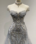 Luxurious And Sparkling Silver Mermaid Off-Shoulder Beaded Train Wedding Dress