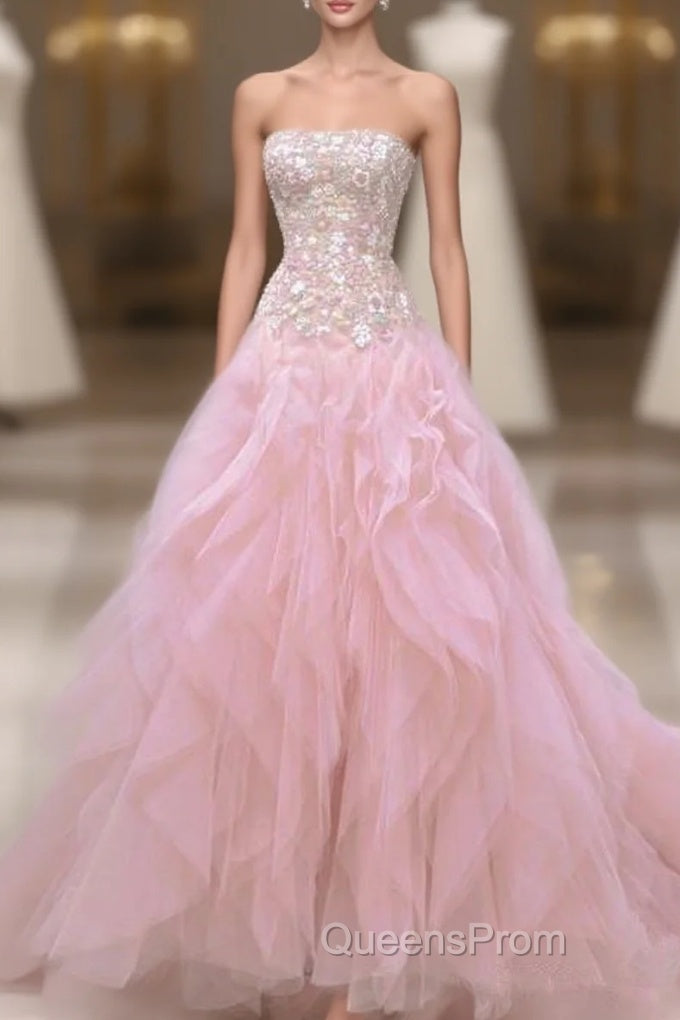 Luxurious Ball Gown Strapless Pink Tulle Long Evening Prom Dress Main image