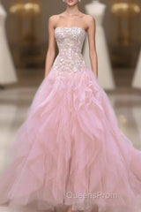 Luxurious Ball Gown Strapless Pink Tulle Long Evening Prom Dress