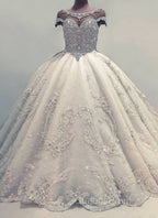 Luxurious Ball Gown Wedding Dress Shiny Crystals Bridal Gowns with Flowers