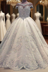 Luxurious Ball Gown Wedding Dress Shiny Crystals Bridal Gowns with Flowers