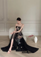 Luxurious Black A-Line 3D Floral Sequin Strapless Tulle Long Classy Prom Dress