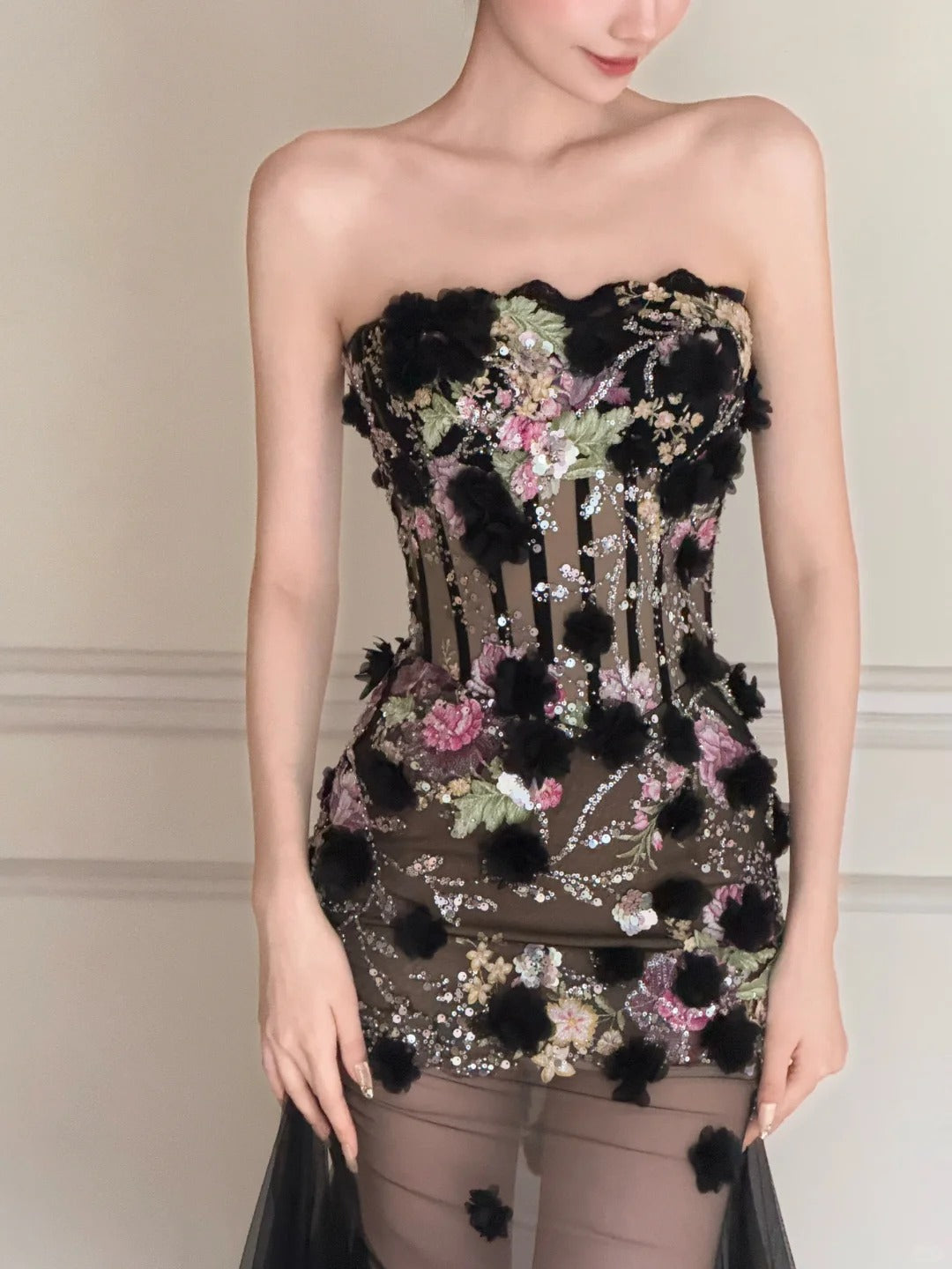 Luxurious Black A-Line 3D Floral Sequin Strapless Tulle Long Classy Prom Dress
