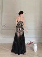 Luxurious Black A-Line 3D Floral Sequin Strapless Tulle Long Classy Prom Dress