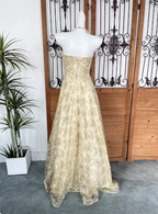 Luxurious Champagne Gold A-Line Strapless Embroidered Lace Tulle Long Classy Prom Dress