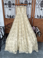 Luxurious Champagne Gold A-Line Strapless Embroidered Lace Tulle Long Classy Prom Dress