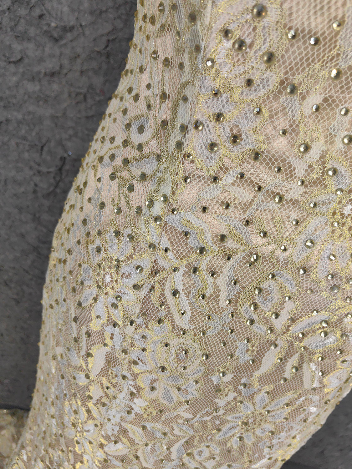 Luxurious Champagne Gold Crew Neck Rhinestone Lace Train Classy Prom Dress