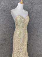 Luxurious Champagne Gold Crew Neck Rhinestone Lace Train Classy Prom Dress
