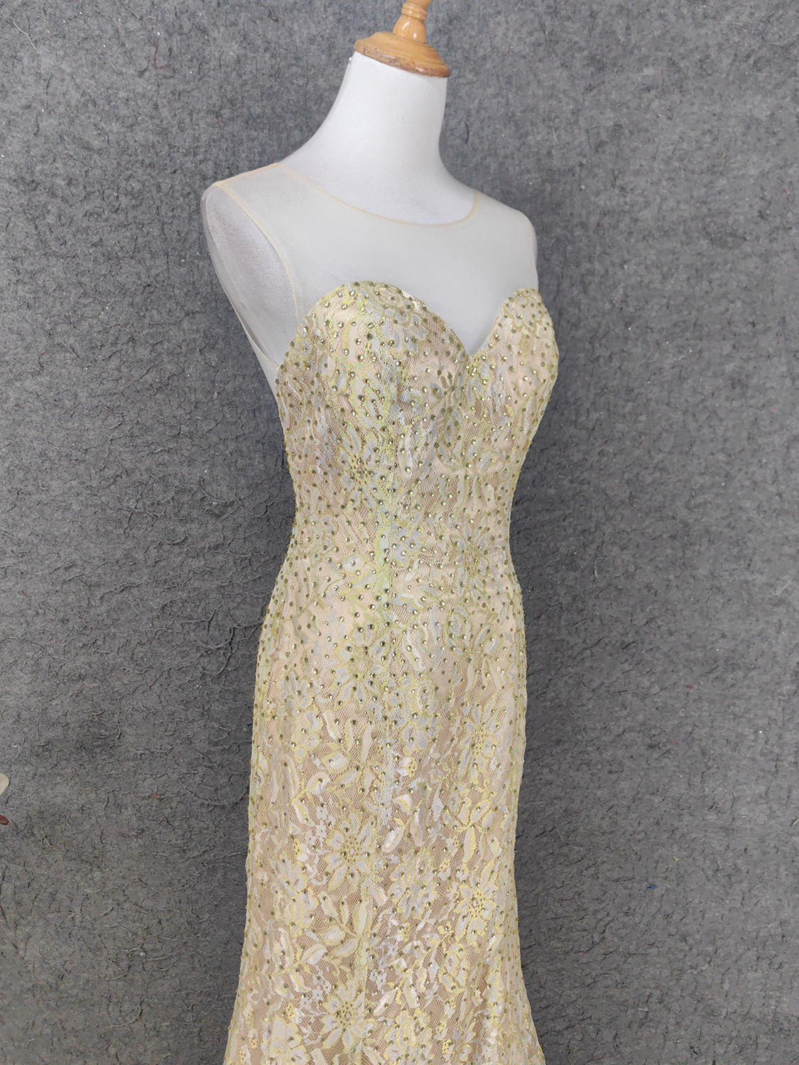 Luxurious Champagne Gold Crew Neck Rhinestone Lace Train Classy Prom Dress