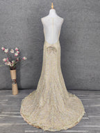 Luxurious Champagne Gold Crew Neck Rhinestone Lace Train Classy Prom Dress