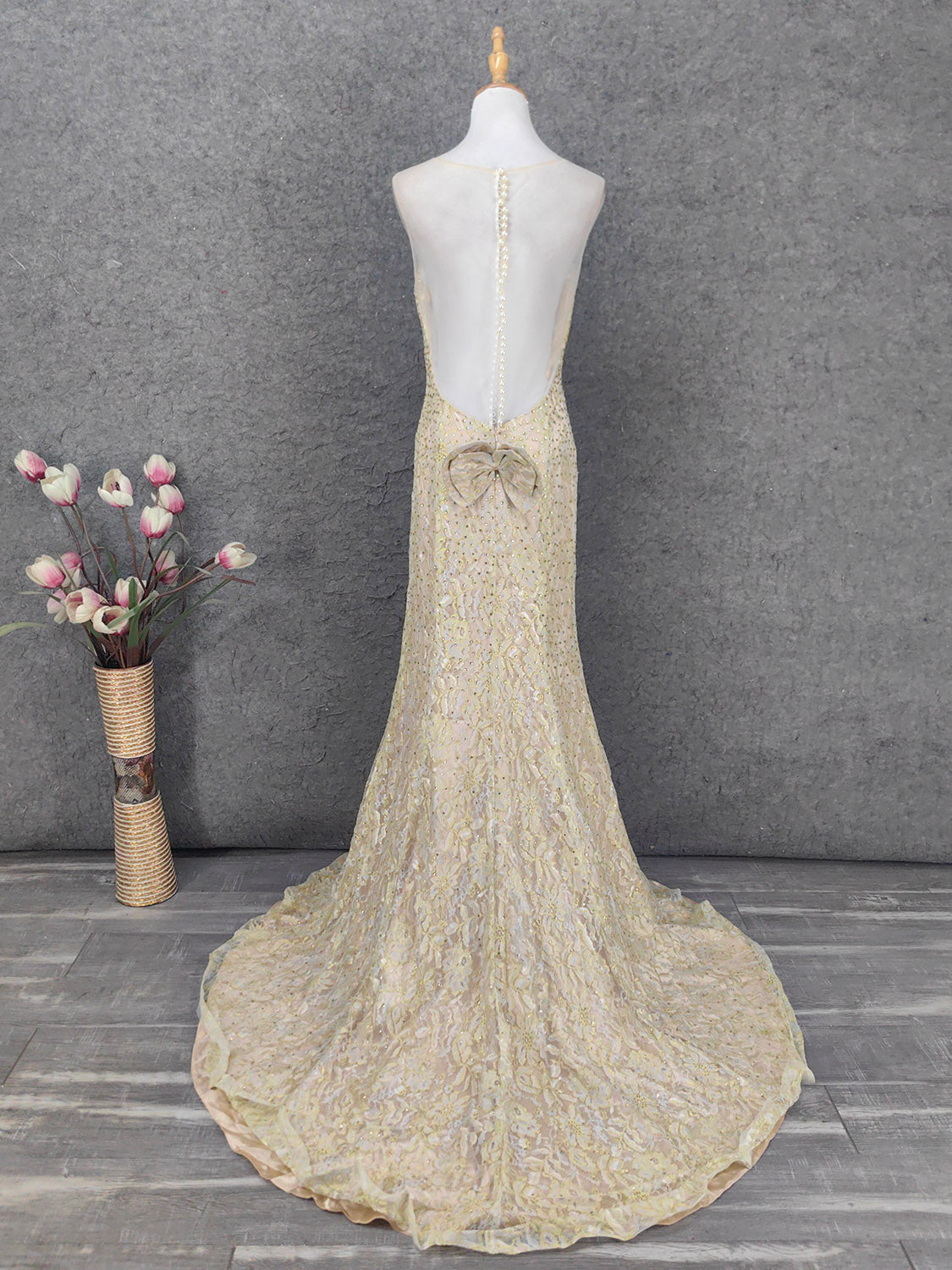 Luxurious Champagne Gold Crew Neck Rhinestone Lace Train Classy Prom Dress