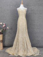 Luxurious Champagne Gold Crew Neck Rhinestone Lace Train Classy Prom Dress