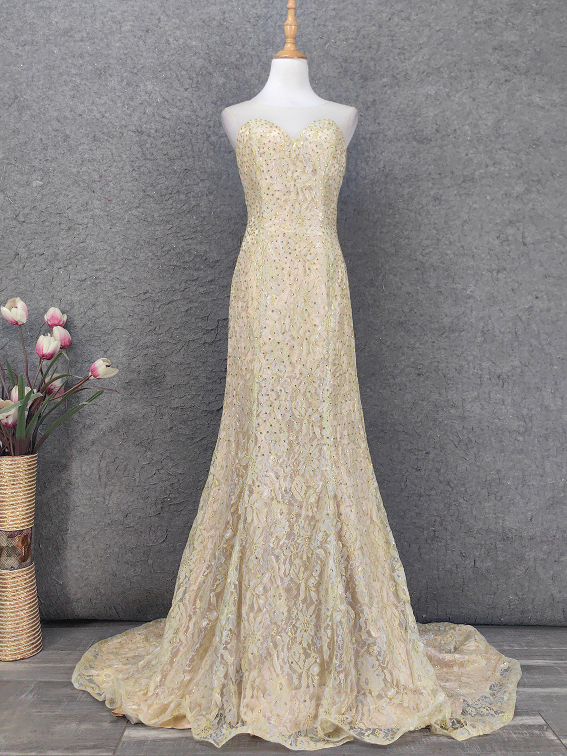 Luxurious Champagne Gold Crew Neck Rhinestone Lace Train Classy Prom Dress