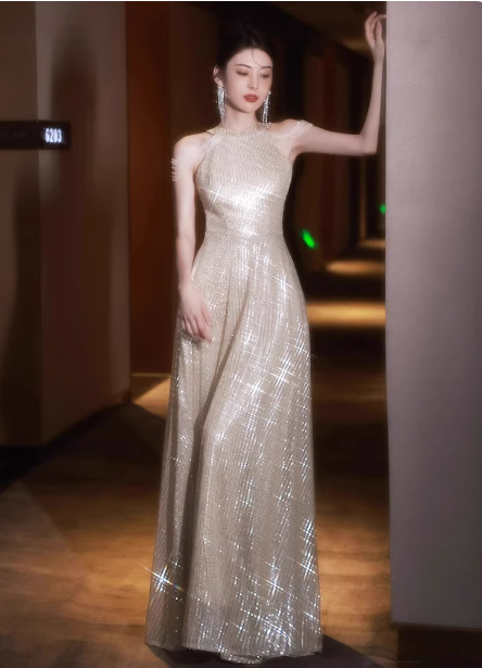 Luxurious Champagne Gold Halter Cold Shoulder Sequined Long Classy Prom Dress Secondary image