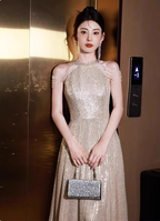 Luxurious Champagne Gold Halter Cold Shoulder Sequined Long Classy Prom Dress