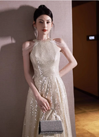 Luxurious Champagne Gold Halter Cold Shoulder Sequined Long Classy Prom Dress