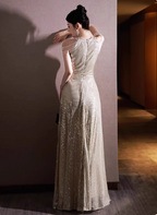 Luxurious Champagne Gold Halter Cold Shoulder Sequined Long Classy Prom Dress