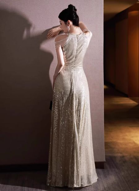 Luxurious Champagne Gold Halter Cold Shoulder Sequined Long Classy Prom Dress