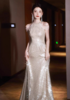 Luxurious Champagne Gold Halter Cold Shoulder Sequined Long Classy Prom Dress
