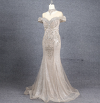 Luxurious Champagne Gold Mermaid Off-The-Shoulder Beaded Tulle Long Classy Prom Dress