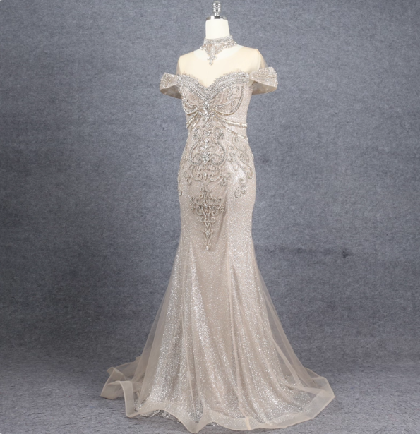 Luxurious Champagne Gold Mermaid Off-The-Shoulder Beaded Tulle Long Classy Prom Dress
