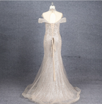 Luxurious Champagne Gold Mermaid Off-The-Shoulder Beaded Tulle Long Classy Prom Dress