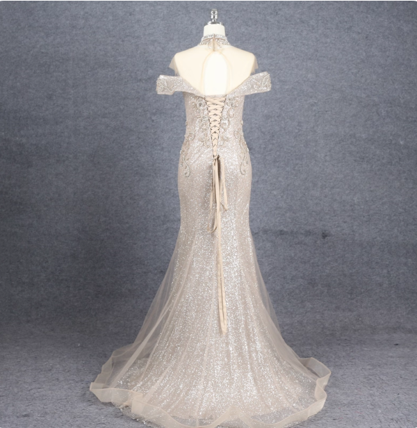 Luxurious Champagne Gold Mermaid Off-The-Shoulder Beaded Tulle Long Classy Prom Dress