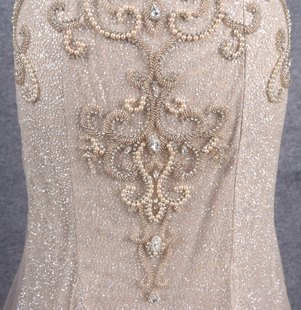 Luxurious Champagne Gold Mermaid Off-The-Shoulder Beaded Tulle Long Classy Prom Dress