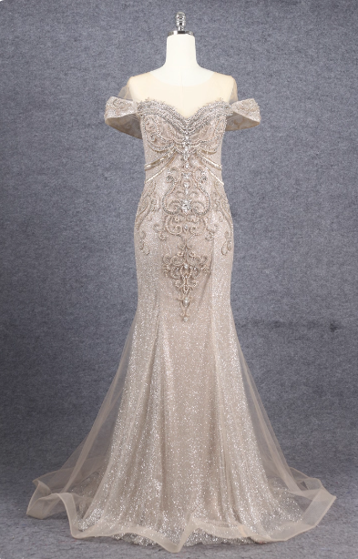 Luxurious Champagne Gold Mermaid Off-The-Shoulder Beaded Tulle Long Classy Prom Dress