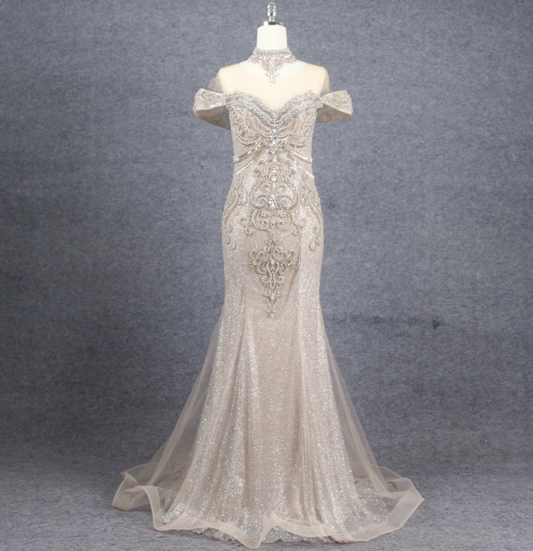 Luxurious Champagne Gold Mermaid Off-The-Shoulder Beaded Tulle Long Classy Prom Dress