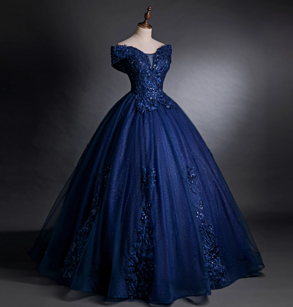 Luxurious Court Navy Blue One-Shoulder Embroidered Sequin Tulle Ball Gown Prom Dress Sweet 16 Dress