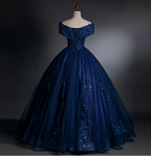 Luxurious Court Navy Blue One-Shoulder Embroidered Sequin Tulle Ball Gown Prom Dress Sweet 16 Dress