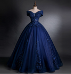 Luxurious Court Navy Blue One-Shoulder Embroidered Sequin Tulle Ball Gown Prom Dress Sweet 16 Dress